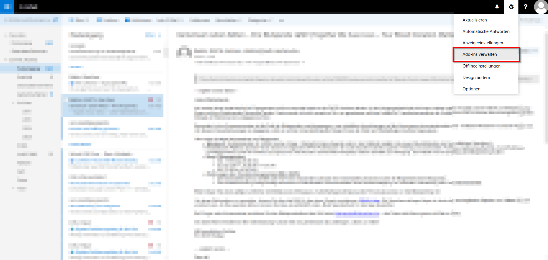 Screenshot der RWTH Mail App auf dem das Options-Menü Links vom Profilbild ausgeklappt ist und die Option "Add-Ins verwalten" zwischen "Anzeigeeinstellungen" und "Offlineeinstellungen" markiert ist.