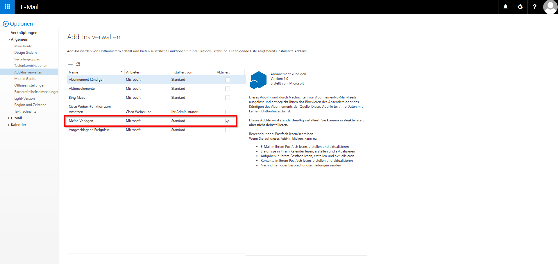 Screenshot der Ansicht "Add-Ins verwalten" auf dem in der Auswahlliste "Meine Vorlagen" über "Vorgeschlagene Ereignisse" markiert ist. 
