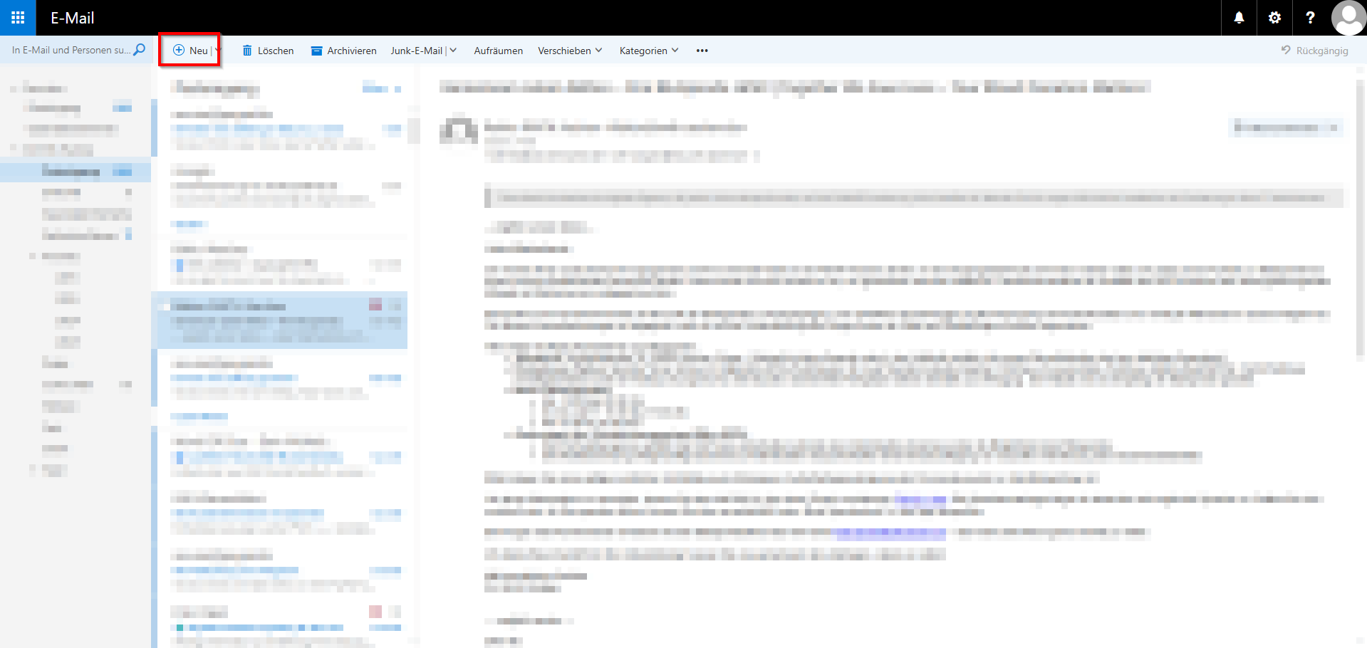 Screenshot der RWTH Mail App auf dem der Button "Neu" rechts neben der Sucheingabe markiert ist.