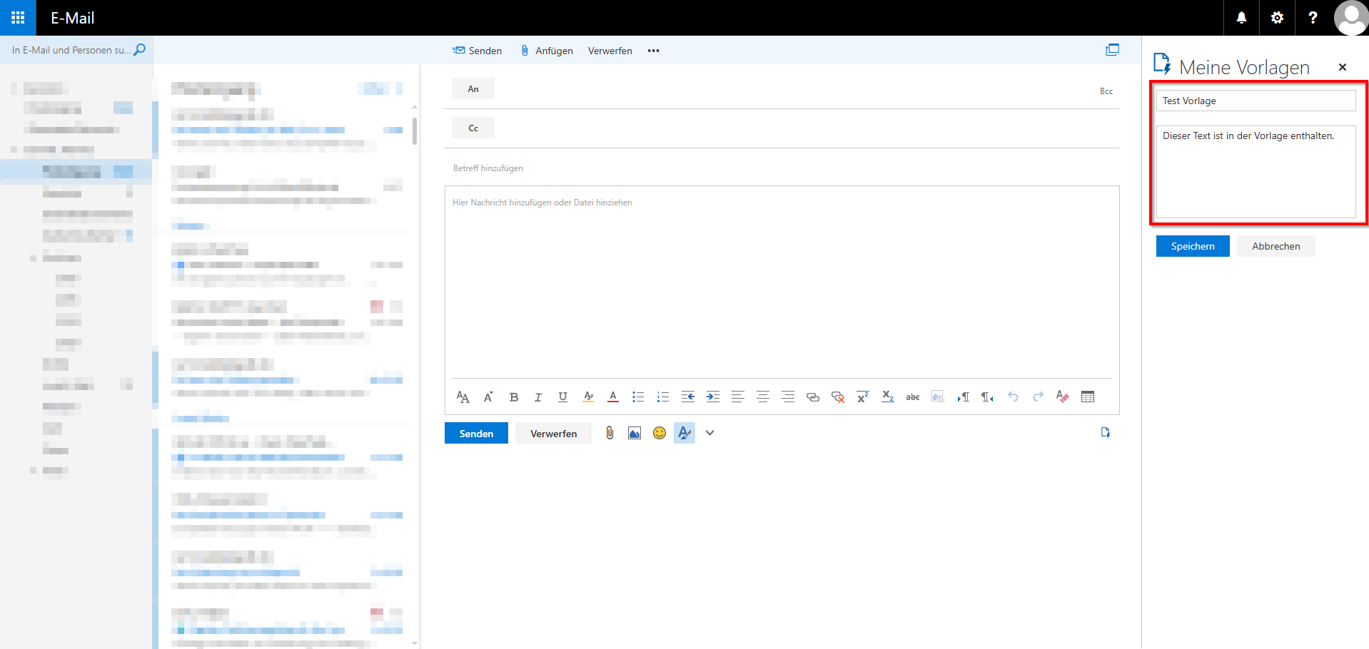 Screenshot der RWTH Mail App auf dem die Eingabefelder für eine Vorlage rechts vom E-Mail-Editor markiert ist.