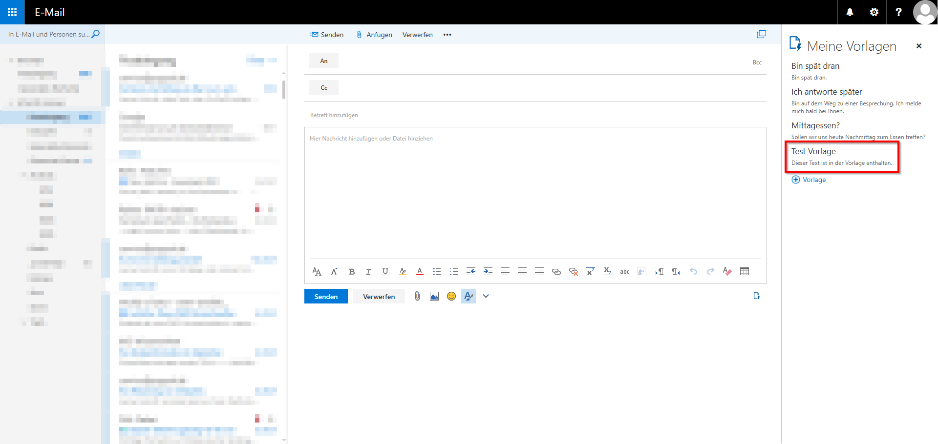 Screenshot der RWTH Mail App auf dem die Vorlage über dem Button "Vorlage" markiert ist.