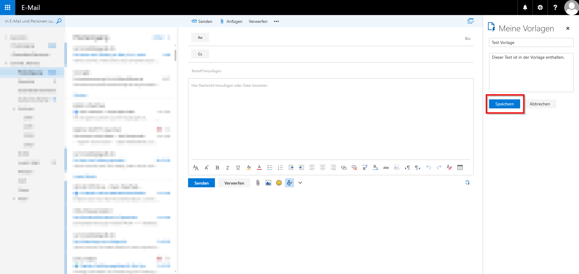 Screenshot der RWTH Mail App auf dem der Button "Speichern" unter den Eingabefeldern für eine Vorlage markiert ist.