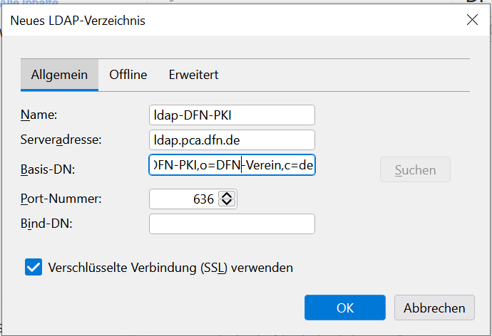 Einstellungen für DFN LDAP Adressbuch