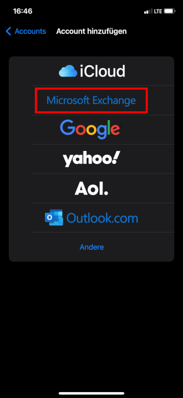 Microsoft Exchange auswählen
