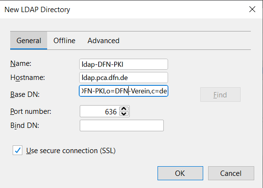 Einstellungen für DFN LDAP Adressbuch