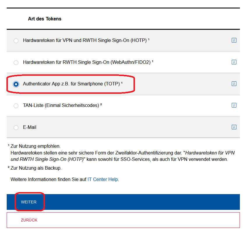 Screenshot der Tabelle "Art des Tokens". "Authenticator App" ist das dritte Element in der Tabelle. Unterhalb der Tabelle befindet sich die Schaltfläche "Weiter".