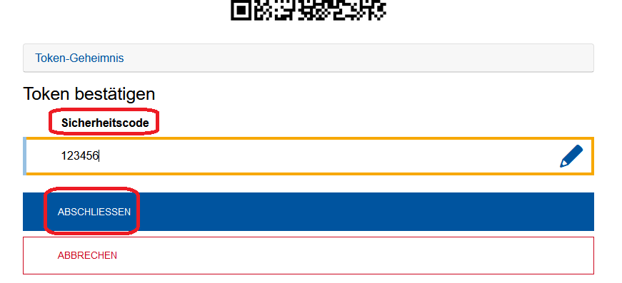 Screenshot des Tokenmanagers. Unter dem Token-Geheimnis befindet sich der Bereich "Token bestätigen". Darunter können Sie den Sicherheitscode eingeben und finden die Schaltfläche "Abschließen".