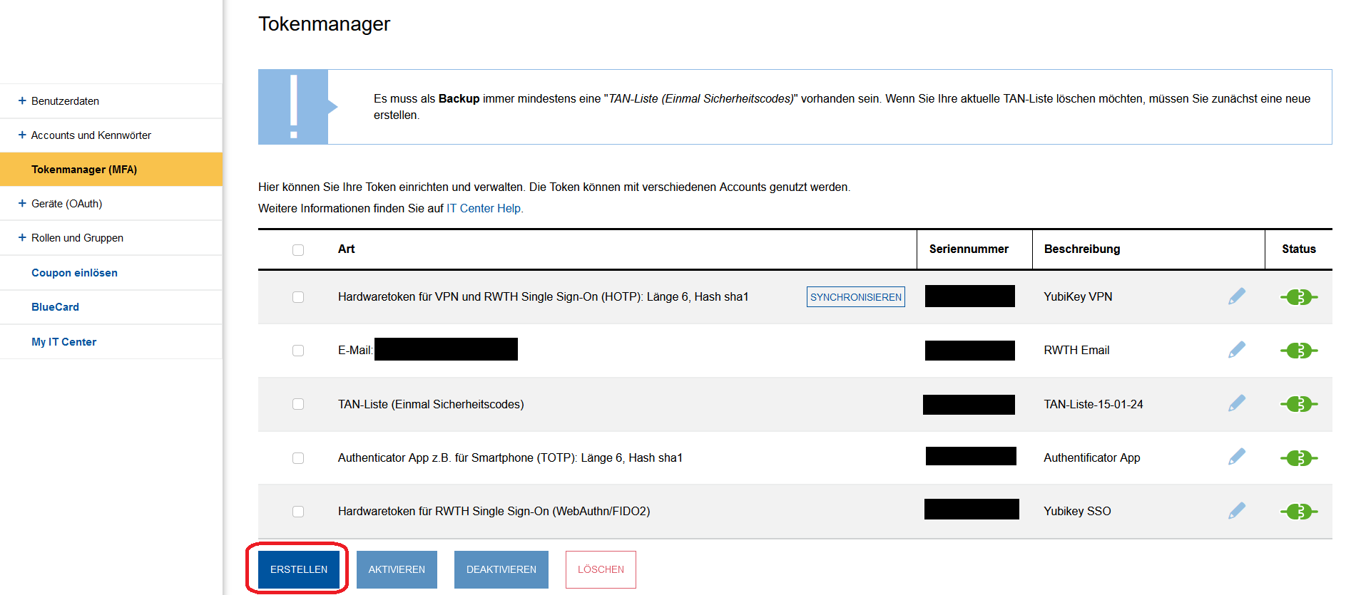 Screenshot des Tokenmanagers. Die Schaltfläche "Erstellen" befindet sich unter einer Tabelle mit einer Liste der Token, die Sie bereits erstellt haben.