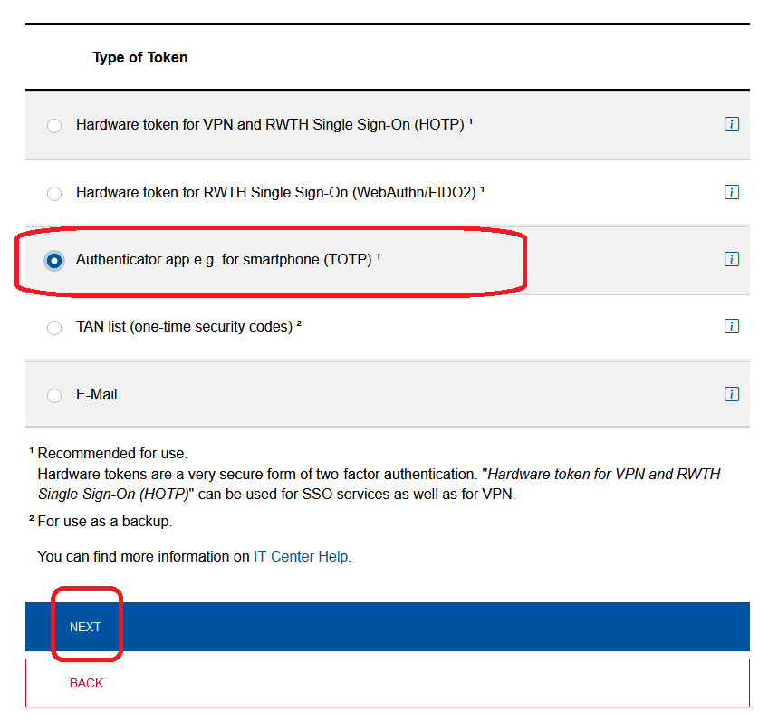 Screenshot of the "Type of Token" table. "Authenticator App" is the third item in the table. The "Next" button is located at the bottom of the table.