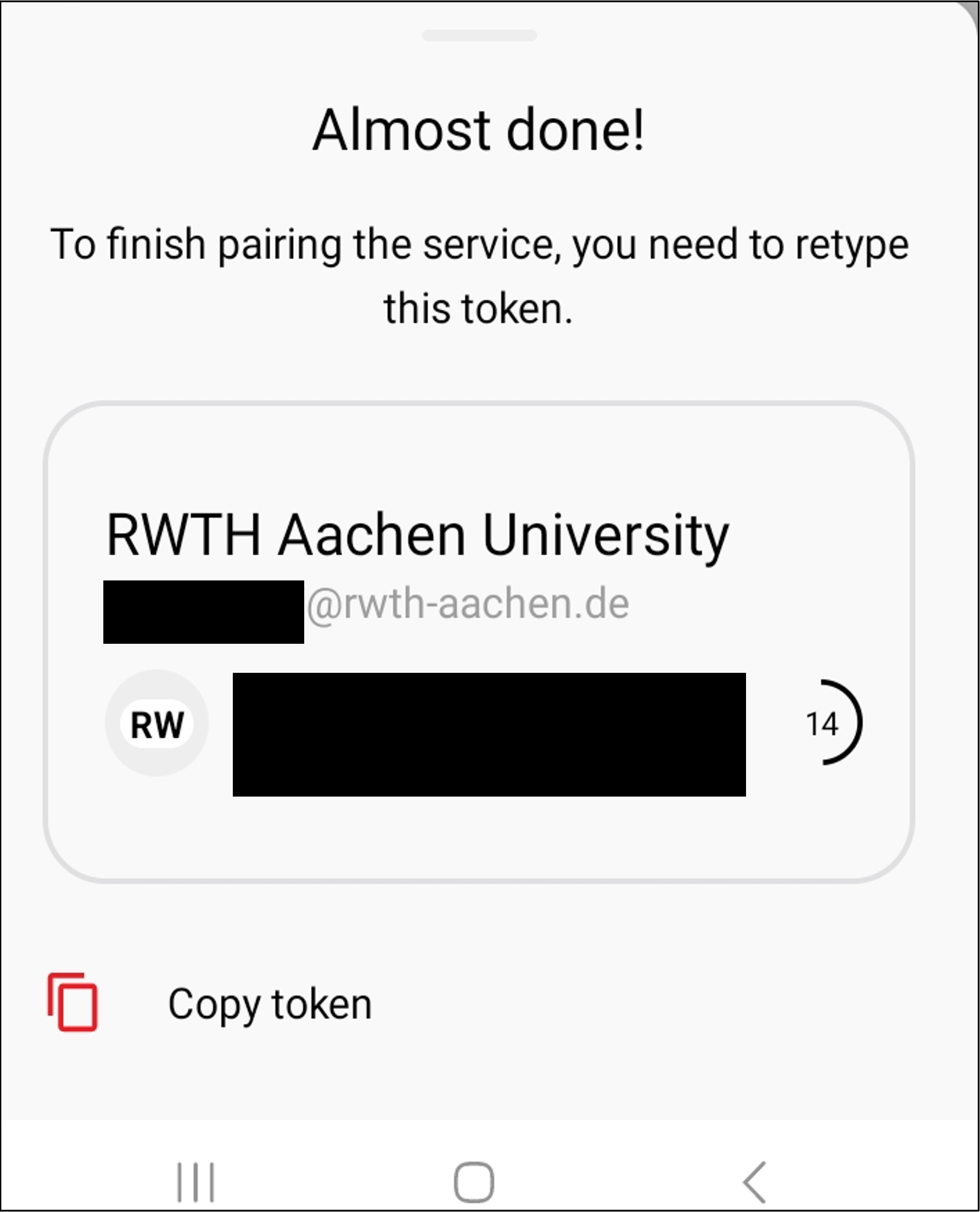 Screenshot of the Authenticator application. Under "RWTH Aachen University" you will find a code. Underneath you will find the option "Copy Token".