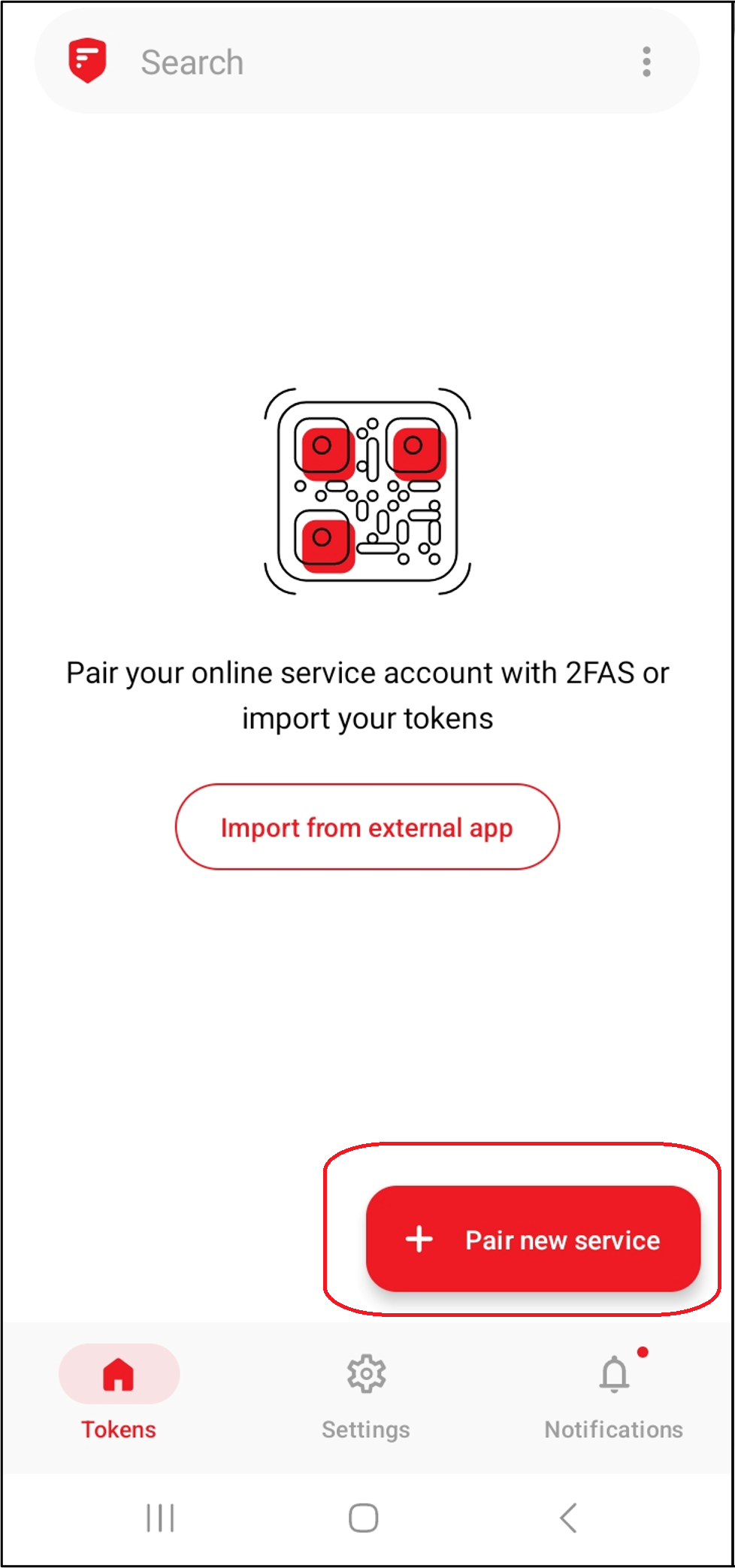 Screenshot of the 2FAS authenticator app. The plus icon is the second button after "Import from external app".