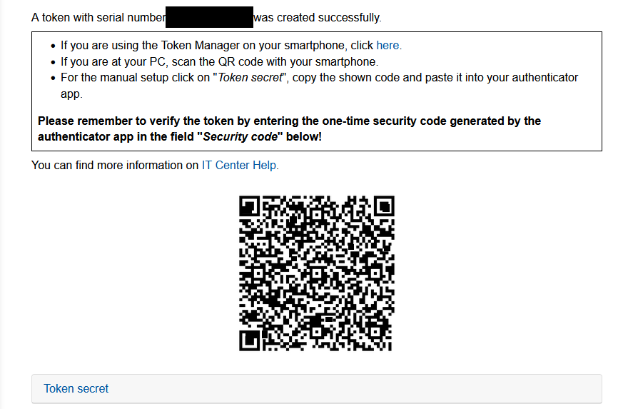 Screenshot of the Authenticator App page. Below a short text is the QR code. Below that is the "Token secret" link. Selecting the link displays a code that can be entered into the app as an alternative to the QR code.