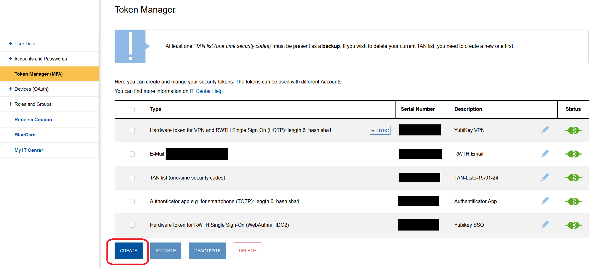 Screenshot of the Token Manager. The "Create" button is located below a table with a list of tokens you have already created.