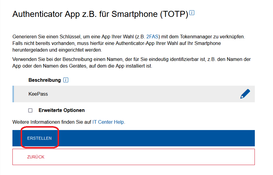 Screenshot der Seite "Authenticator App z.B. für Smartphone (TOTP)". Unter "Beschreibung" befindet sich ein Textfeld. Darunter befindet sich die Schaltfläche "Erstellen".