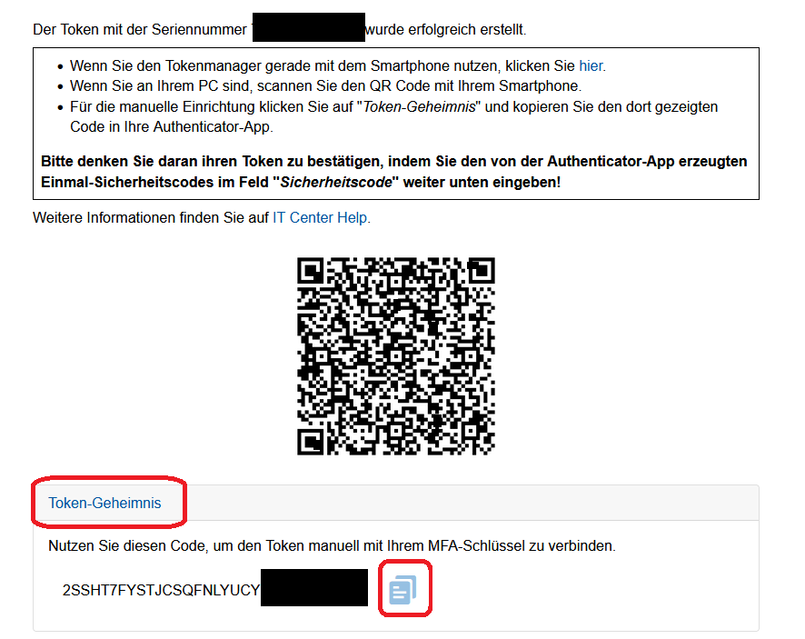 Screenshot der Seite "Authenticator App". Unter einem kurzen Text un dem QR-Code befindet sich der Link "Token-Geheimnis".