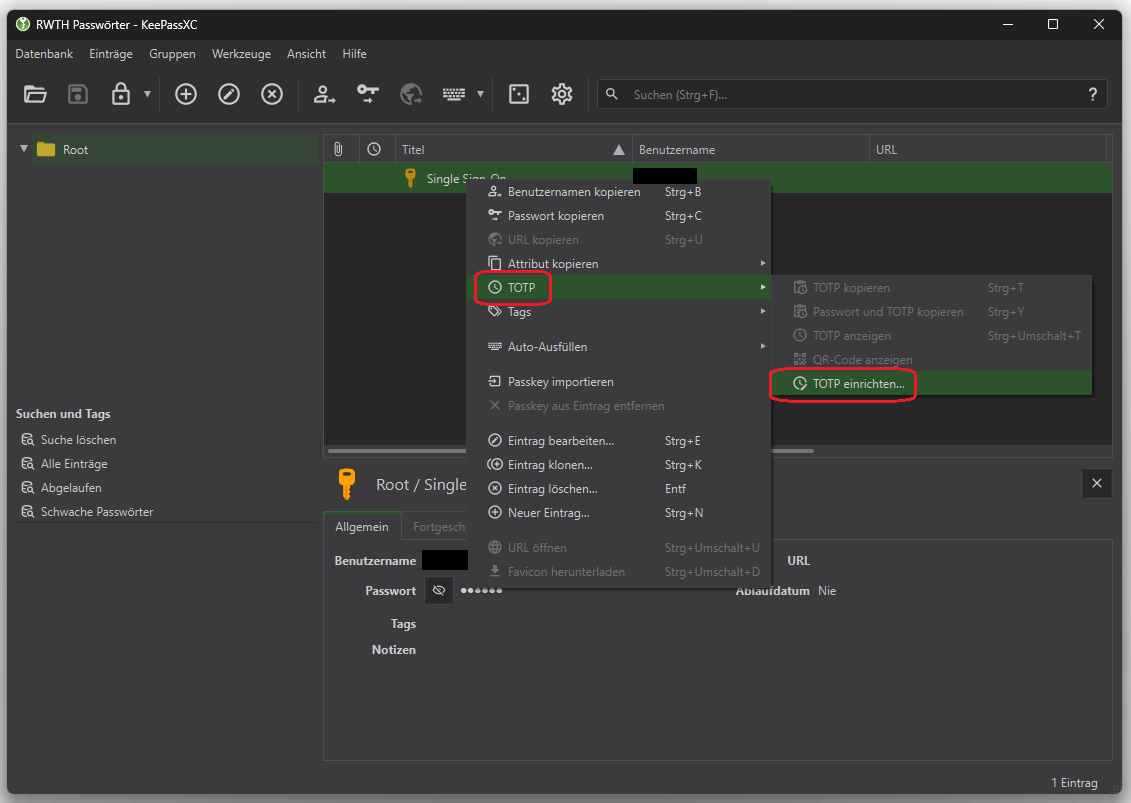 Screenshot einer Datenbank in KeePassXC. "TOTP" ist in der Menüleiste unter "Einträge" zu finden.