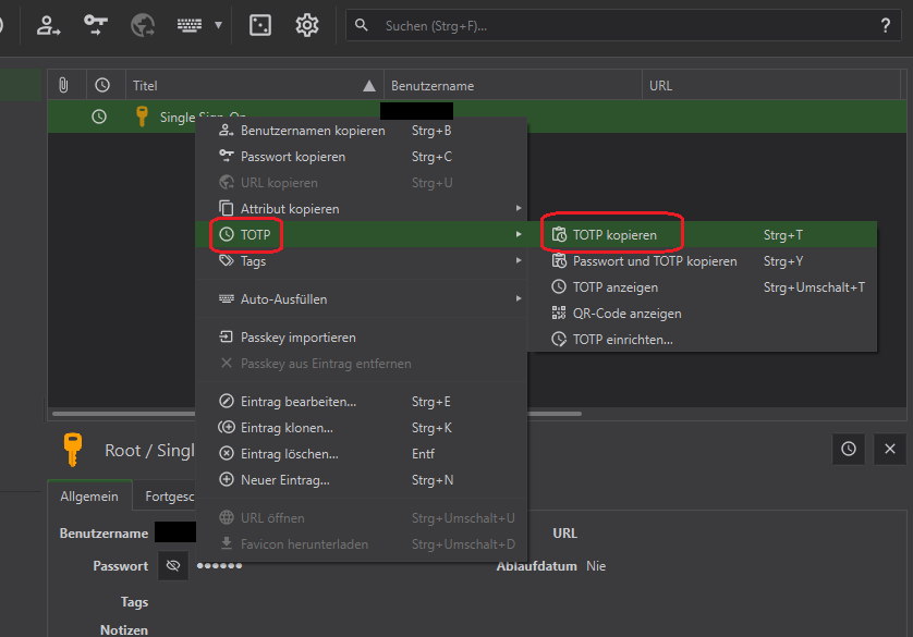 Screenshot einer Datenbank. Um den TOTP zu kopieren, navigieren Sie zu dem entsprechenden Eintrag und drücken Sie Strg+T.