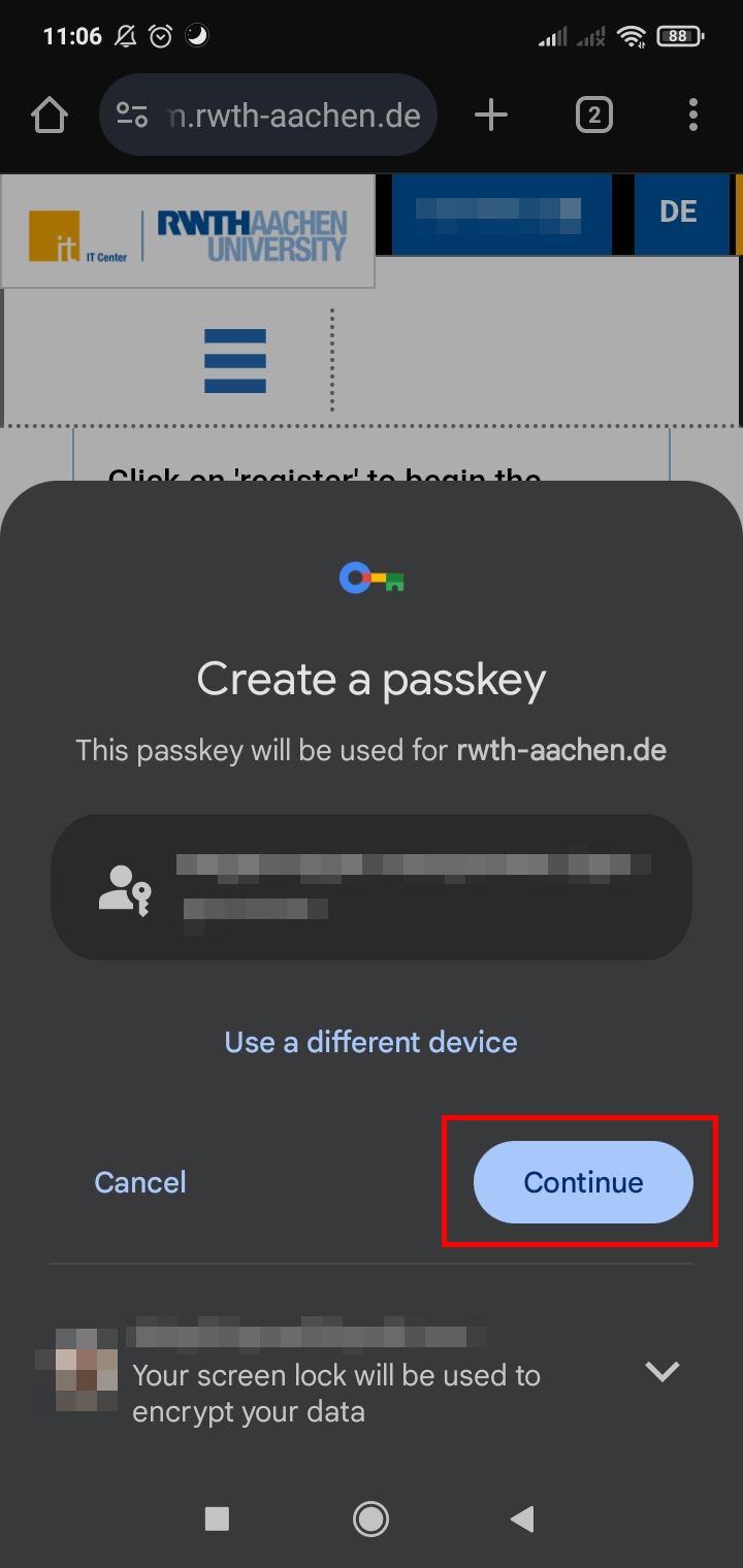 Screenshot of the Android device. The selection of devices for your passkey has four options. ‘NFC security key’, “USB security key”, “Other smartphone or tablet” and “This device”.