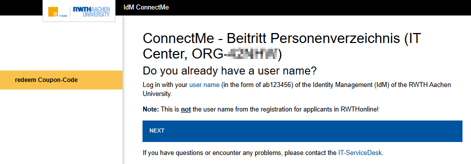 A screenshot of the ConnectMe page. The page contains the instruction to log in with the username in the format ab123456. Below the text is the Next button.