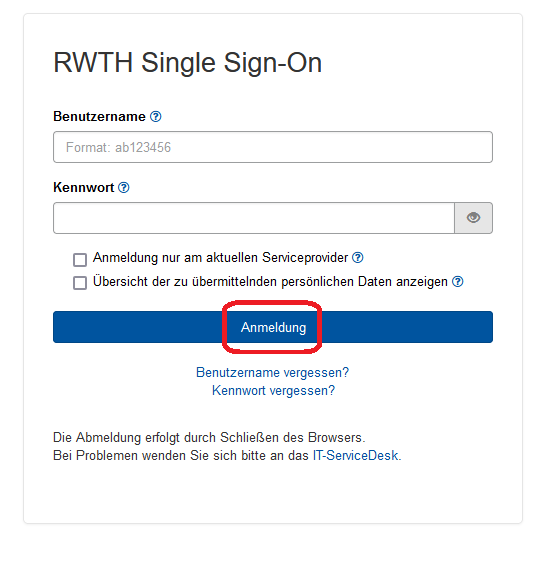 Screenshot der Single Sign-On Anmeldemaske. Der Benutzername hat das Format 2 Buchstaben, 6 Ziffern.