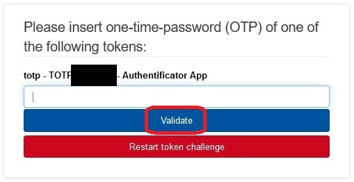 Under “Please insert one-time password of one of the following tokens” you can enter the code in the text field. Then select the Validate button.