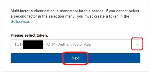 Screenshot of the multifactor-authentication process. Under Please select token, you can select a second factor from the drop-down menu.