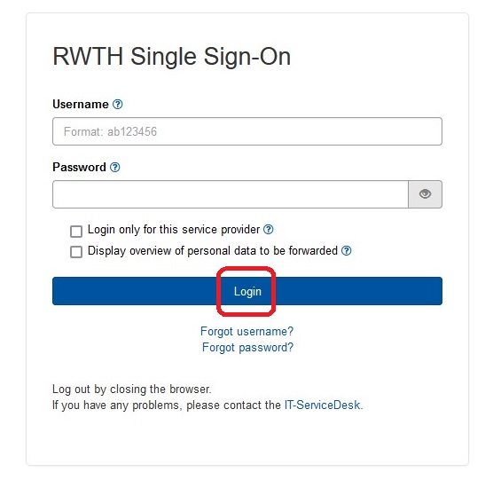 Screenshot of the single sign-on login screen. Your username has the format 2 letters, 6 digits.