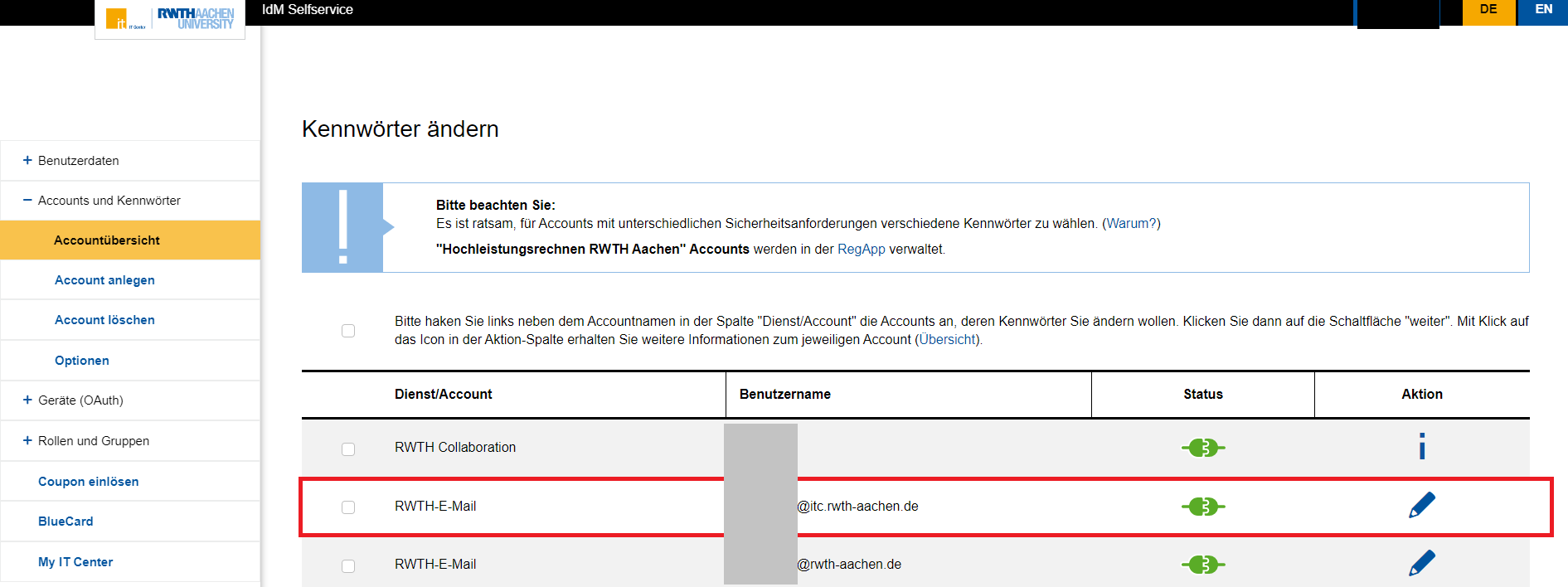 RWTH Service Account bearbeiten