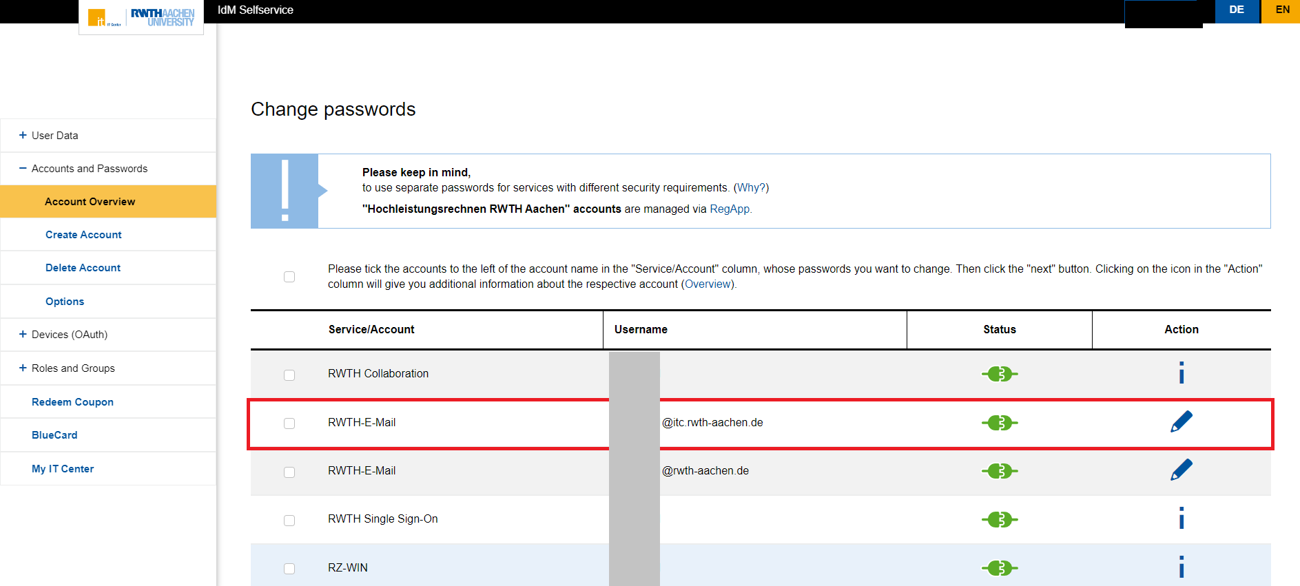 Editing RWTH Service account