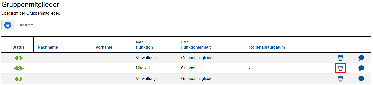 Option zum Löschen von Gruppenmitglieder