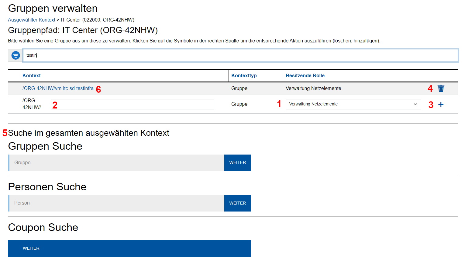 Optionen zur Verwaltung von Gruppen in der IdM Rollen- und Gruppenverwaltung