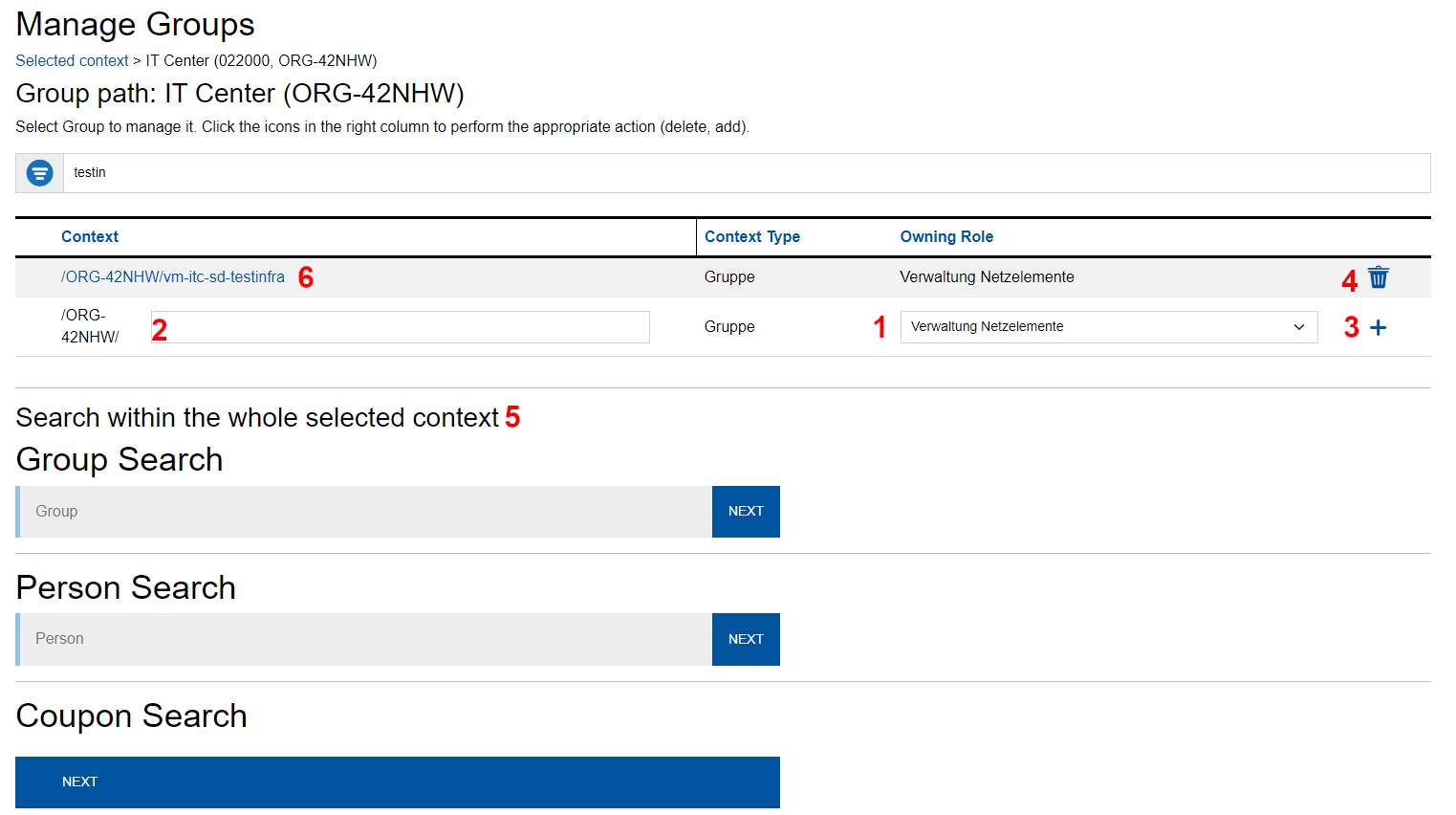 Option for managing groups within an organisation