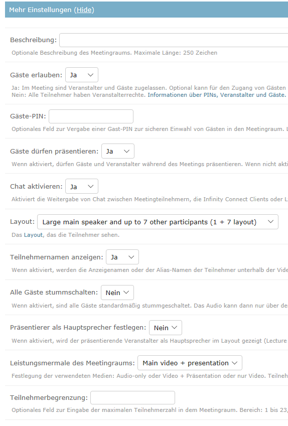 The picture shows advanced settings for the meeting