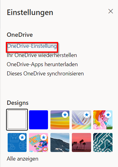 Screenshot des Einstellungsmenüs. "OneDrive-Einstellung" ist das erste Element im Bereich OneDrive.