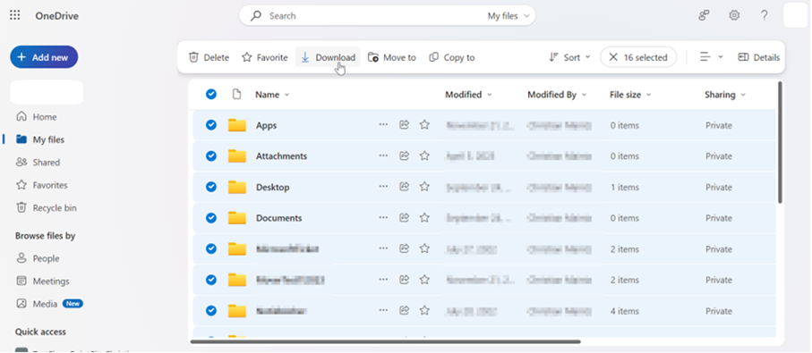 Screenshot der Startseite von OneDrive. "My files" befindet sich im Menü unter Ihrem Namen, zwischen "Home" und "Shared".