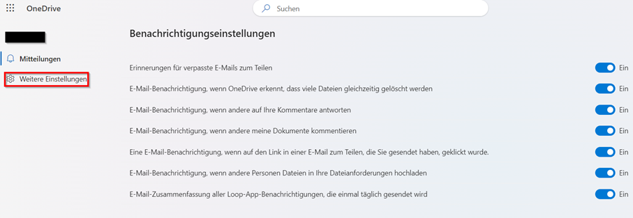 Screenshot der Einstellungen von OneDrive. Der Reiter "Weitere Einstellungen" befindet sich unter dem Reiter "Mitteilungen".