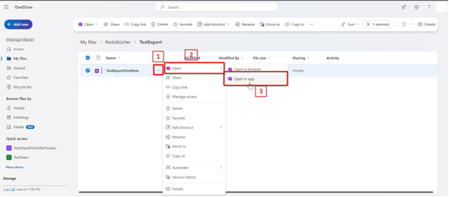 Screenshot der Startseite eines OneNote-Notizbuches.Die Notizbücher sind in einer Tabelle aufgelistet.  Neben der Spalte "Name" befindet sich eine Schaltfläche. Es öffnet sich ein Menü. Wählen Sie den ersten Element " Open ". Ein zweites Menü öffnet sich. Wählen Sie den zweiten Element "Open in App".