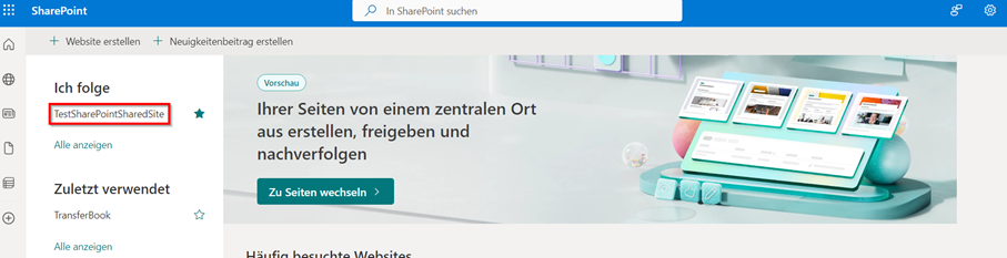 Screenshot der SharePoint-Startseite.Ihre SharePoint-Seiten werden im Bereich "Ich folge" aufgelistet.