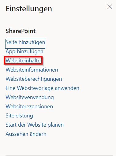 Screenshot der Einstellungen. "Webseiteinhalte" befindet sich im Bereich "SharePoint", zwischen "App hinzufügen" und "Websiteinformationen".