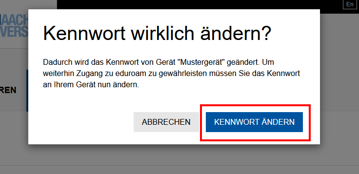 Screenshot des Dialogfensters "Kennwort wirklich ändern". Sie können zwischen den beiden Schaltflächen "Abbrechen" und " Kennwort ändern" wählen.