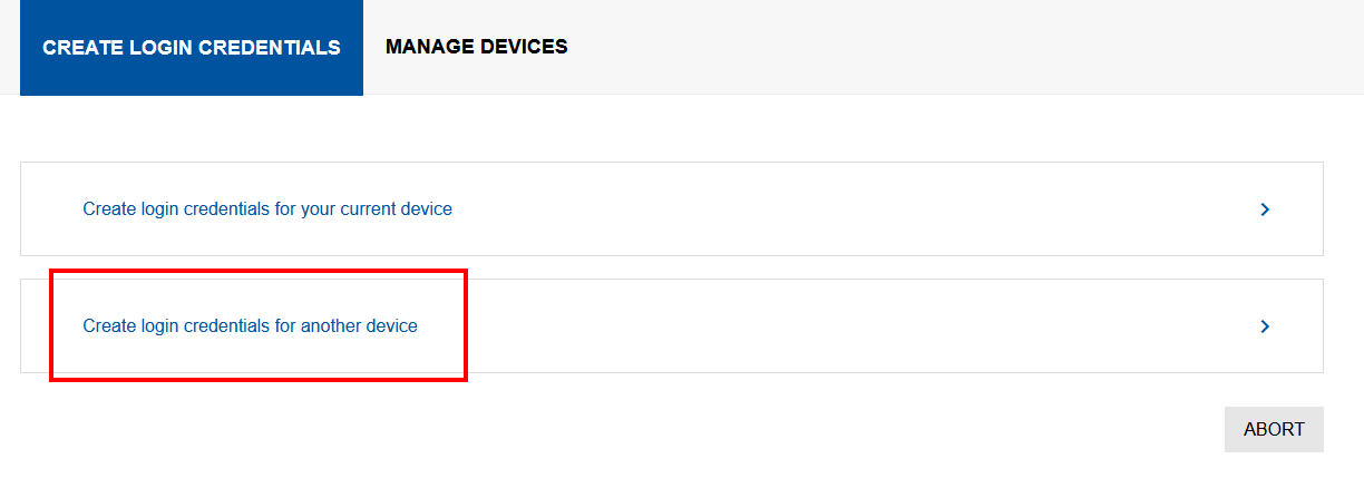 You are now on the “Generate login credentials” tab. You can choose between “Create login credentials for current device” and “Create login credentials for another device”.