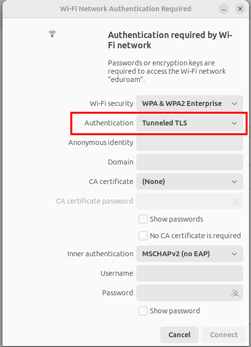Screenshot of the " Authentication required by Wi-Fi network" pop-up window. The Authentication drop-down menu is located between Wi-Fi Security and Anonymous Identity.