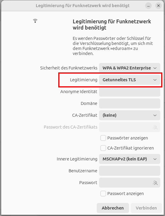 Screenshot des Popup-Fensters "Legitimierung für Funknetzwerk wird benötigt". Das Dropdown-Menü Legitimierung befindet sich zwischen "Sicherheit des Funknetzwerks" und "Anonyme Identität".