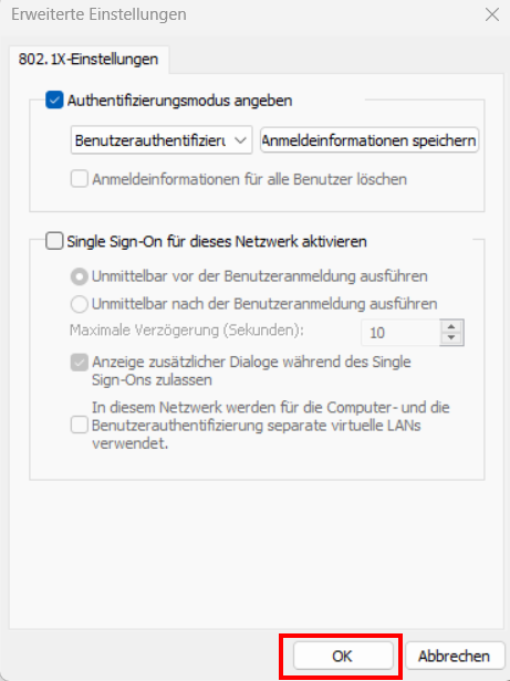 Screenshot der erweiterten Einstellungen. Die erforderlichen Einstellungen sind in den Schritten 13 bis 15 beschrieben.