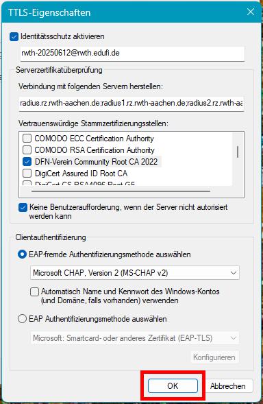 Screenshot des Reiters Sicherheit. Die Einstellungen sind in Dropdown-Menüs aufgelistet. Nach dem Dropdown-Menü "Wählen Sie eine Methode für die Netzwerkauthentifizierung" befindet sich die Schaltfläche "Einstellungen".