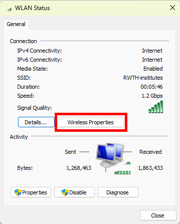 Screenshot of the WLAN status window. The Wireless Properties button is located under Connection, after the Signal Quality details and the Details button.