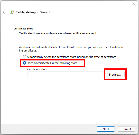 Screenshot of the Certificate Import Wizard. You can choose to either let Windows automatically select a certificate store or select one manually. The "Browse" button is located under that option.