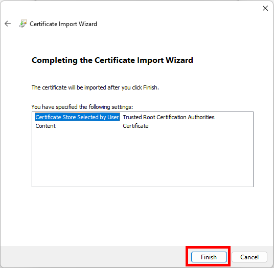 Screenshot of the certificate import wizard. The selected settings are displayed. The "Finish" button is below.