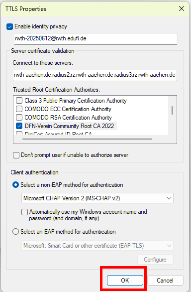 Screenshot of the TTLS properties. The configuration settings are specified in steps 27 and 28.