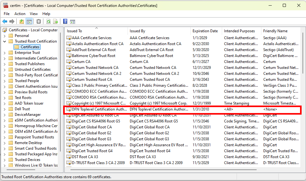 Screenshot of the "Trusted Root Certification Authorities" tab. The root certification authorities are listed alphabetically in a table.